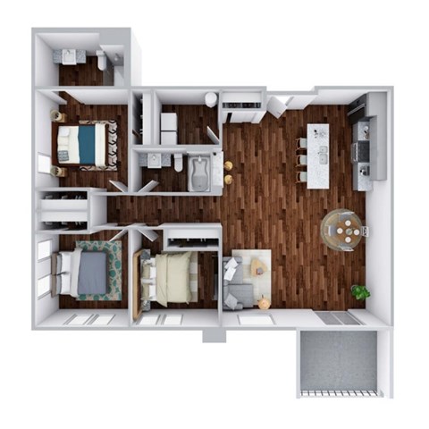 A 3D floor plan of a small apartment with a kitchen, living room, and bedroom.